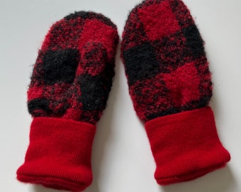 recycled sweater mittens,buffalo plaid,women's up-cycled sweater mittens,cashmere lined,snow mittens, repurposed sweaters,red black mittens