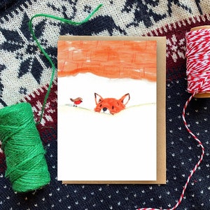 Fuchs und Rotkehlchen im Schnee (105 x 148 mm) Illustration, Winter, A6, Festlich, Schnee, Tinte, Weihnachten, Niedlich, Vogel, Wald, Illustration, Blank
