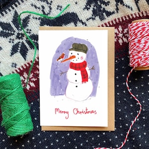Robin & Snowman Christmas Card (105 x 148mm) Xmas Illustration, Winter, A6, Snow, Ink, Home, Rustic, Cosy, Countryside, Watercolour, Blank