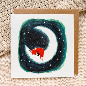 Fuchs schläft auf dem Mond Grußkarte (148 mm x 148 mm) Illustration, Aquarell, Tinte, Nachthimmel, Niedlich, Blank