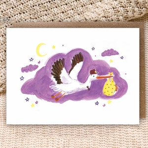 New Baby Stork Card (5x7 inches) Congratulations, Blank, Pregnancy Announcement, Pregnant, Unisex, Welcome World Illustration, Watercolour