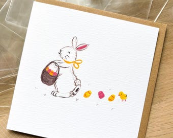 Watercolor Easter Card, Bunny Chick Egg Illustration, Springtime