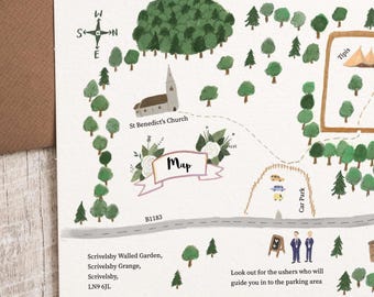 Custom *DIGITAL* Illustrated Map - Wedding, Personalised Map, Venue, Guest Map, Directions, Rustic, Romantic, Invite, Stationary, Download