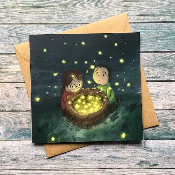 Fireflies Greetings Card (148mm x 148mm) Magic, Night, Friends, Illustrated, Glow, Art, Blank, Sky, Wishing Well, Night, Cosmic, Wish, Stars