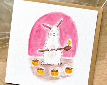 Easter Bunny & Chick Baking Card – Hand-Painted Spring Greeting, Blank or Happy Easter