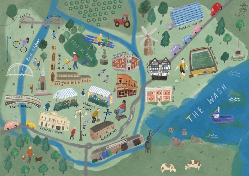 Boston, Lincolnshire, UK Illustrated Map Poster Wall Decor Print Boston