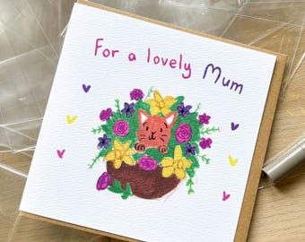 Cartão de gatinho pintado à mão – Dia das Mães, Mãe de Gato, Flores da Primavera