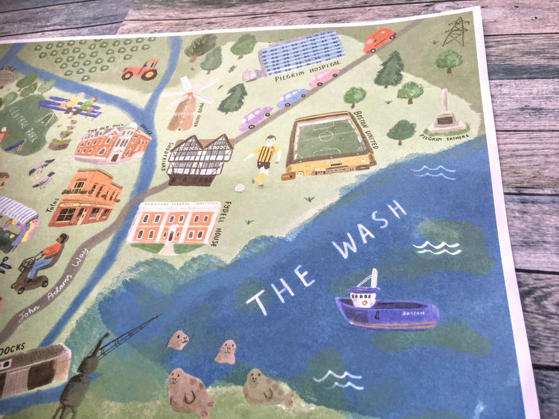 Boston, Lincolnshire, UK Illustrated Map Poster Wall Decor Print Boston