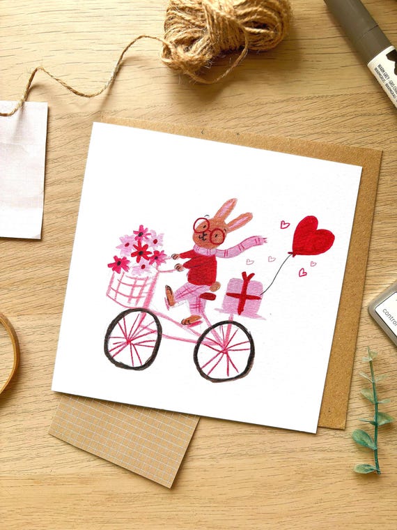 Bunny Cycling Valentine's Card (148mm x 148mm) Rabbit, Bike, Cute, Love, Valentine, Sweet Illustration, Drawing, Flowers, Blank, Cyclist