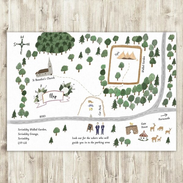 Custom *DIGITAL* Illustrated Map - Wedding, Personalised Map, Venue, Guest Map, Directions, Rustic, Romantic, Invite, Stationary, Download