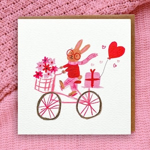 Carte Saint-Valentin à vélo (148 mm x 148 mm) Lapin, vélo, mignon, amour, saint-valentin, illustration douce, dessin, fleurs, blanc, cycliste