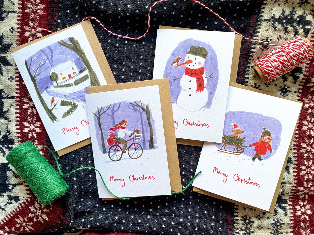 Christmas Card Multipack X4 105 X 148mm Xmas Snowman, Winter, A6, Christmas, Snow, Ink, Cottage