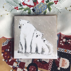 Eisbär Grußkarte (148 mm x 148 mm) Winter, Schnee, Familie, Mama, Papa, Bären, gefährdet, leer, Illustration, Weihnachten, Kuscheln, Umarmung