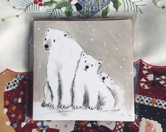 Polar Bear Greetings Card (148mm x 148mm) Winter, Snow, Family, Mum, Dad, Bears, Endangered, Blank, Illustration, Christmas, Cuddle, Hug