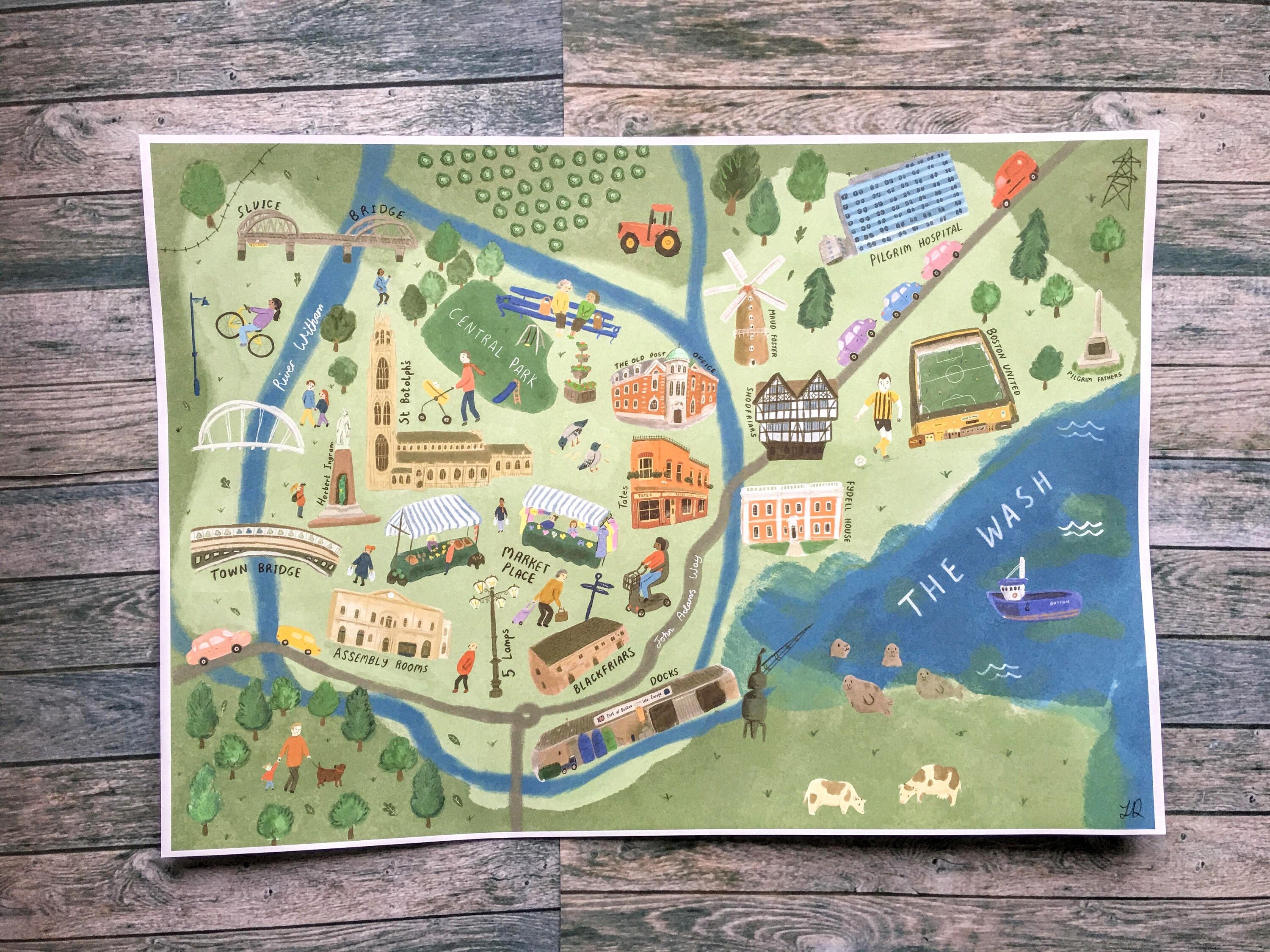 Boston, Lincolnshire, UK Illustrated Map Poster Wall Decor Print Boston Stump St Botolph's