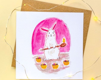 Easter Card (148mm x 148mm) Rabbit, Cute, Egg, Bunny, Chick, Illustration, Drawing, Baking, Cooking, Kitchen, Cupcake, Cake, White Rabbit