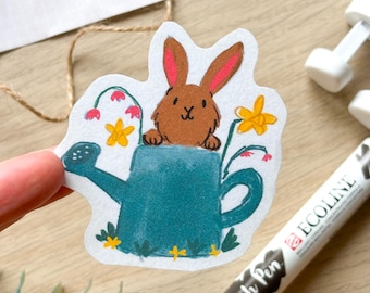 Brown Bunny Rabbit in Watering Can Sticker