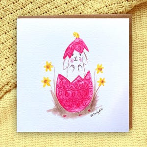 Osterkarte (148 mm x 148 mm) Hase, niedlich, Ei, Hase, Küken, Illustration, Zeichnung, Frühling, Narzisse, Garten, leer, süß, Blumen, Skizze