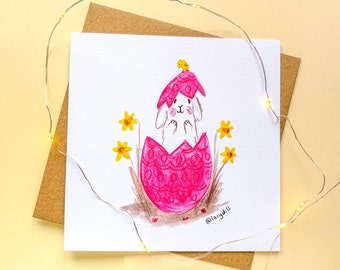 Easter Card (148mm x 148mm) Rabbit, Cute, Egg, Bunny, Chick, Illustration, Drawing, Spring, Daffodil, Garden, Blank, Sweet, Flowers, Sketch
