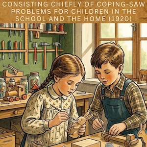 May include: Vintage illustration of children crafting wooden toys in a workshop. The image features the text "EDUCATIONAL TOYS" and "CONSISTING CHIEFLY OF COPING-SAW PROBLEMS FOR CHILDREN IN THE SCHOOL AND THE HOME (1920)". A girl paints a wooden bunny, while a boy works on a train.