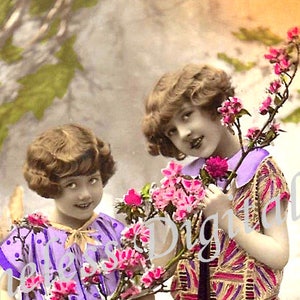 Vintage Postcard Illustration Image - Antique Picture - Instant Digital Download  - Printable Art File - Girls with Flowers Photograph
