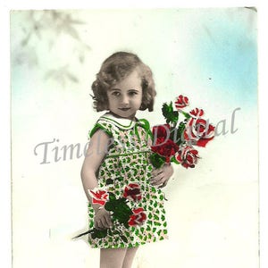 Vintage Postcard Illustration Image - Antique Picture - Instant Digital Download  - Printable Art File - Girl with Flowers Photograph