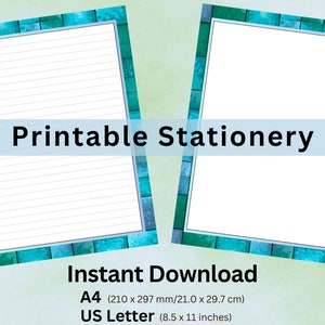 Teal Green Blue Glass Tile Style Cancelleria Carta da lettere Stampabile Foderato Stazionario PDF Download digitale istantaneo - Formati A4 e Lettera