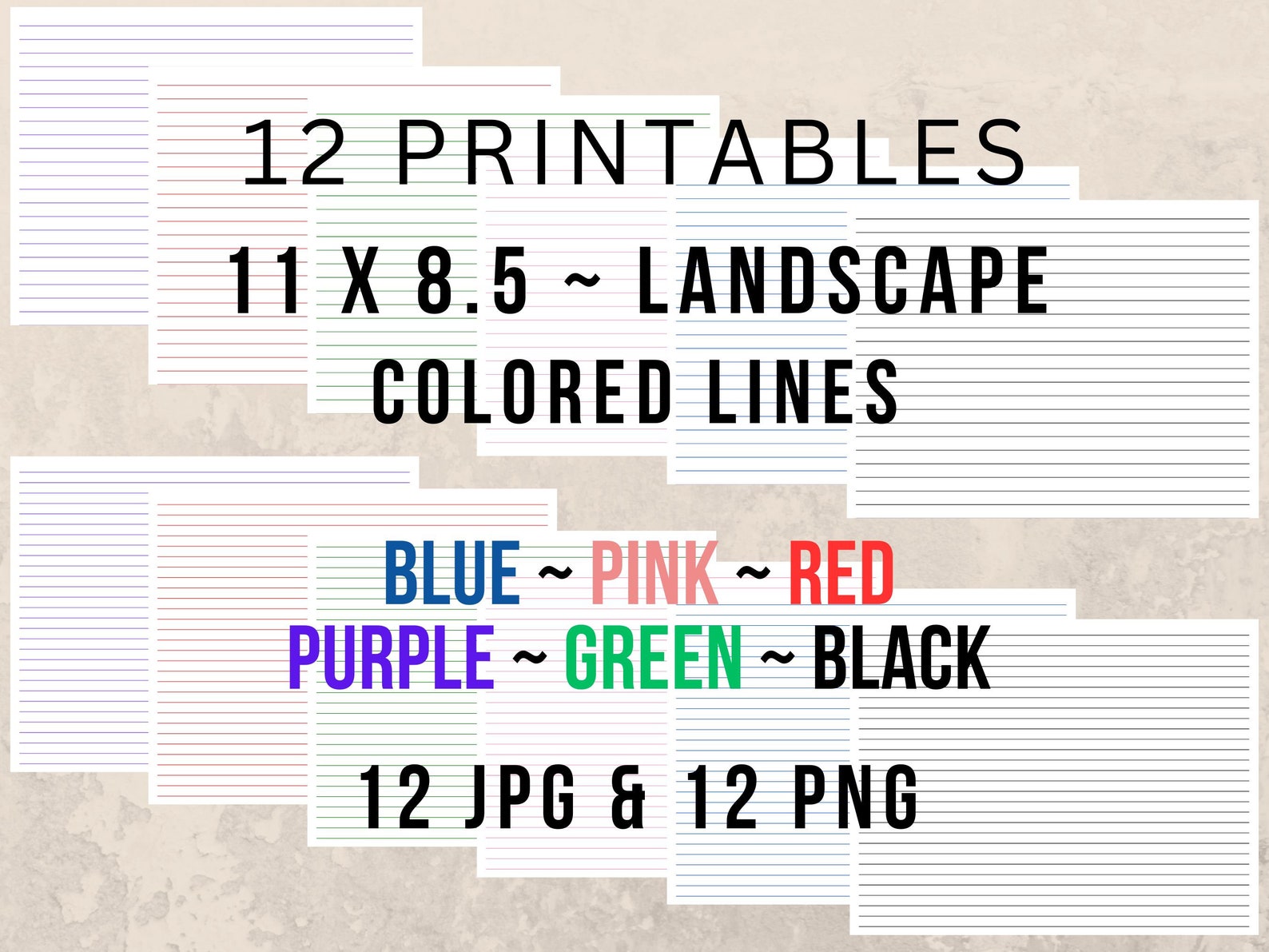 12 Lined Landscape Paper Printables 11 X 8.5 - Colorful Lines - Digital