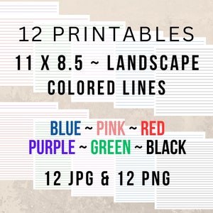 12 linierte Landschafts Papier Printables 11 x 8,5 - Bunte Linien - Digitales Papier - Schreibwaren - Instant Download