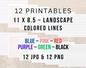 12 Lined Landscape Paper Printables 11 x 8.5 - Colorful Lines - Digital Paper - Stationery Journal Writing Planner - Instant Download