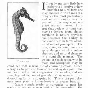 May include: A black and white illustration of a seahorse. The seahorse is curled in a spiral shape. The image is from a book titled "The Sea Horse in Design".