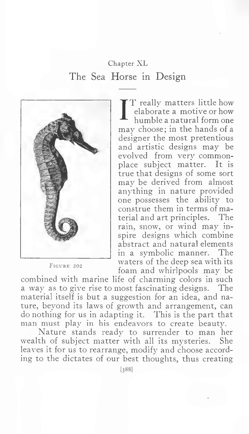 May include: A black and white illustration of a seahorse. The seahorse is curled in a spiral shape. The image is from a book titled "The Sea Horse in Design".