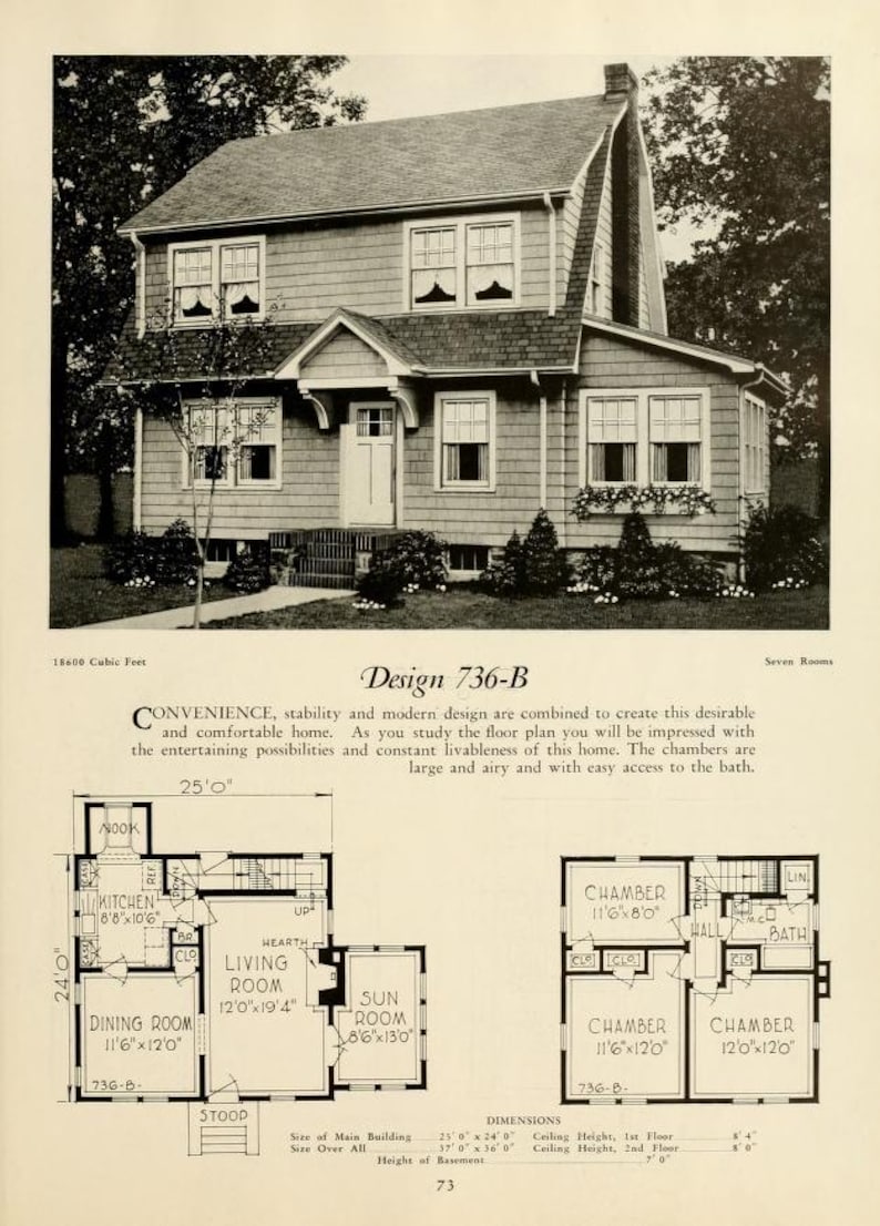 Puede incluir: Plano de planta en blanco y negro de una casa de siete habitaciones con sala de estar, cocina, comedor, sol&aacute;rium y tres dormitorios. La casa mide 7,6 metros por 7,3 metros y tiene un s&oacute;tano. Dise&ntilde;o 736-B.