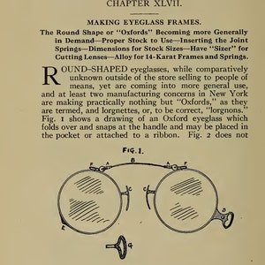 May include: A line drawing of a pair of round-shaped eyeglasses with a folding mechanism. The eyeglasses are labeled with letters A through G. The caption reads "Folding Oxford."