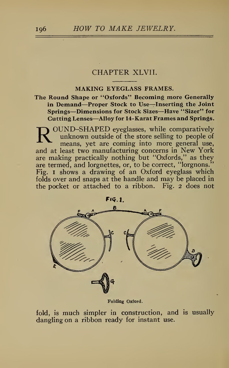 May include: A line drawing of a pair of round-shaped eyeglasses with a folding mechanism. The eyeglasses are labeled with letters A through G. The caption reads "Folding Oxford."