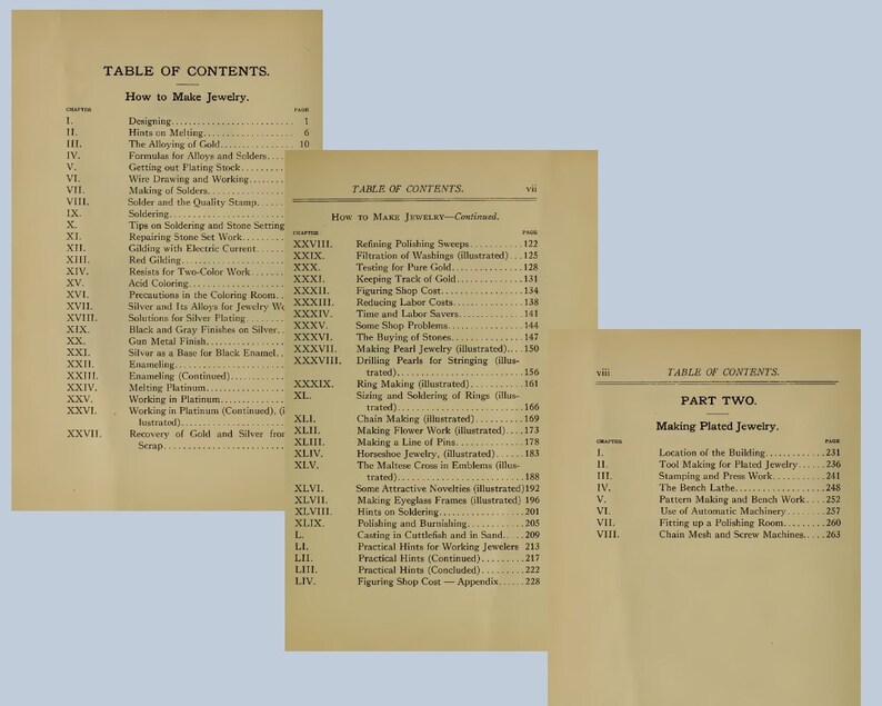 May include: A vintage book titled "How to Make Jewelry" with a table of contents listing chapters on designing, melting, alloying gold, soldering, and more. The book also includes a section on "Making Plated Jewelry".
