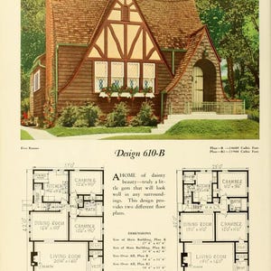 Puede incluir: Un plano arquitect&oacute;nico en blanco y negro de una casa con cinco habitaciones. El plano muestra una sala de estar, una cocina, un comedor, dos dormitorios y un ba&ntilde;o. La casa mide 27' x 42' y tiene un s&oacute;tano. El texto "Design 610-B" est&aacute; en la parte superior del plano.