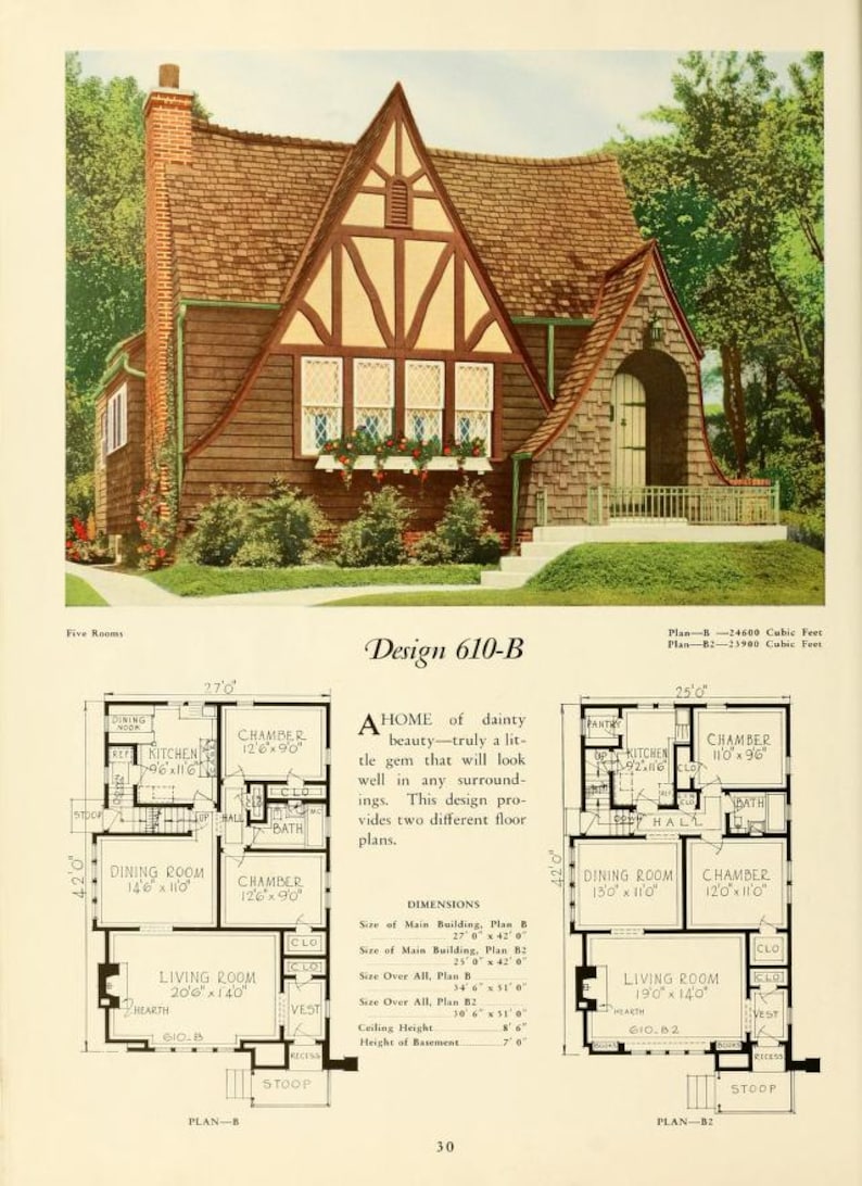 Puede incluir: Un plano arquitect&oacute;nico en blanco y negro de una casa con cinco habitaciones. El plano muestra una sala de estar, una cocina, un comedor, dos dormitorios y un ba&ntilde;o. La casa mide 27' x 42' y tiene un s&oacute;tano. El texto "Design 610-B" est&aacute; en la parte superior del plano.
