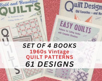 May include: Set of four vintage 1960s quilt pattern books with 61 designs. The books have colorful covers with the words "Bold and Beautiful Quilts", "Quilt Designs", "Easy Quilts", and "Quilts".