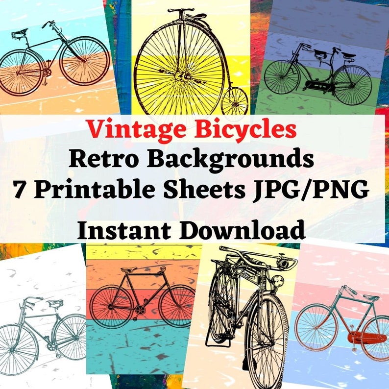 7 Vintage Bicycle Digital Image Sheets | Retro Design Backgrounds ...