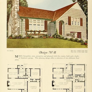 Puede incluir: Un plano de planta en blanco y negro para un bungalow con cinco habitaciones, un ba&ntilde;o y un garaje en el s&oacute;tano. El plano muestra una sala de estar, un comedor, una cocina y dos dormitorios. El texto "Design 707-B" est&aacute; en la parte superior de la p&aacute;gina.