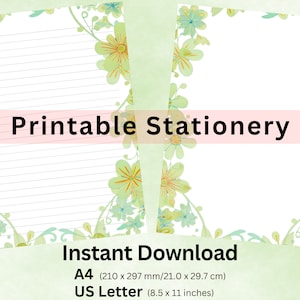 Carta da lettere di cancelleria floreale verde retrò moderna di metà secolo Carta stazionaria foderata stampabile PDF Download digitale istantaneo - Formati A4 e Lettera