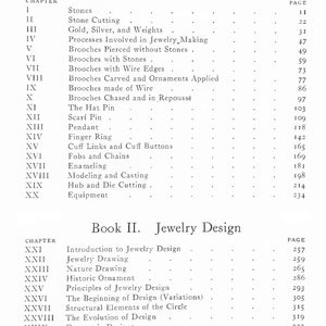 May include: A black and white table of contents for a book titled "Jewelry Making" and "Jewelry Design". The table lists chapters and page numbers for each chapter. The book is divided into two sections: "Jewelry Making" and "Jewelry Design".