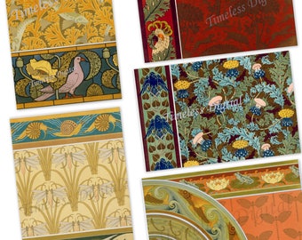 May include: Five digital paper designs featuring repeating patterns of stylised flowers, birds, and insects. The designs are in a vintage style with a colour palette of gold, blue, green, red, and white.