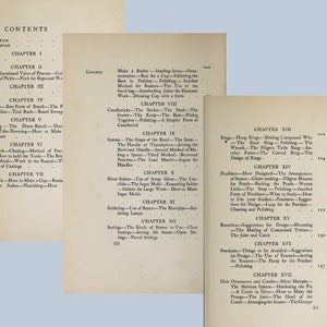 May include: A book titled "Contents" with a table of contents listing chapters on jewelry making techniques. The chapters include "Rings", "Necklace", "Brooches", "Pendants", and "Hair Ornaments and Combs".
