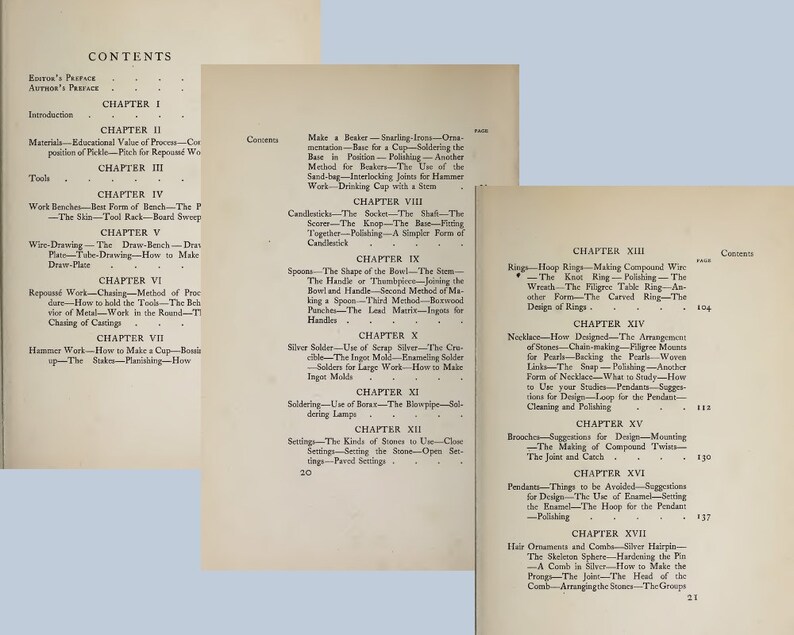 May include: A book titled "Contents" with a table of contents listing chapters on jewelry making techniques. The chapters include "Rings", "Necklace", "Brooches", "Pendants", and "Hair Ornaments and Combs".