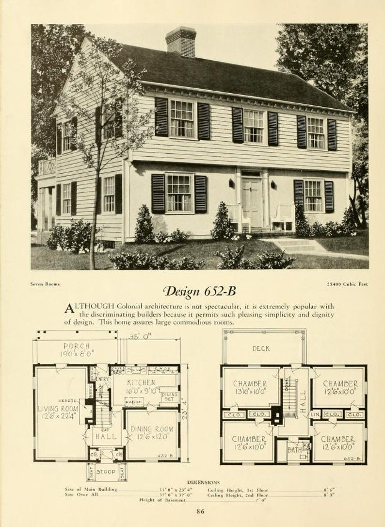 Puede incluir: Una ilustraci&oacute;n en blanco y negro de una casa de dos pisos con un porche, una terraza y un s&oacute;tano. La casa tiene siete habitaciones y mide 35 pies de ancho por 23,75 pies de profundidad. La casa tiene un volumen total de 25.400 pies c&uacute;bicos.