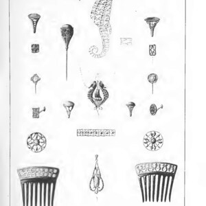 May include: A black and white illustration of various jewelry pieces, including a seahorse pendant, combs, and brooches. The image is from a book titled "Plate CXIVA".