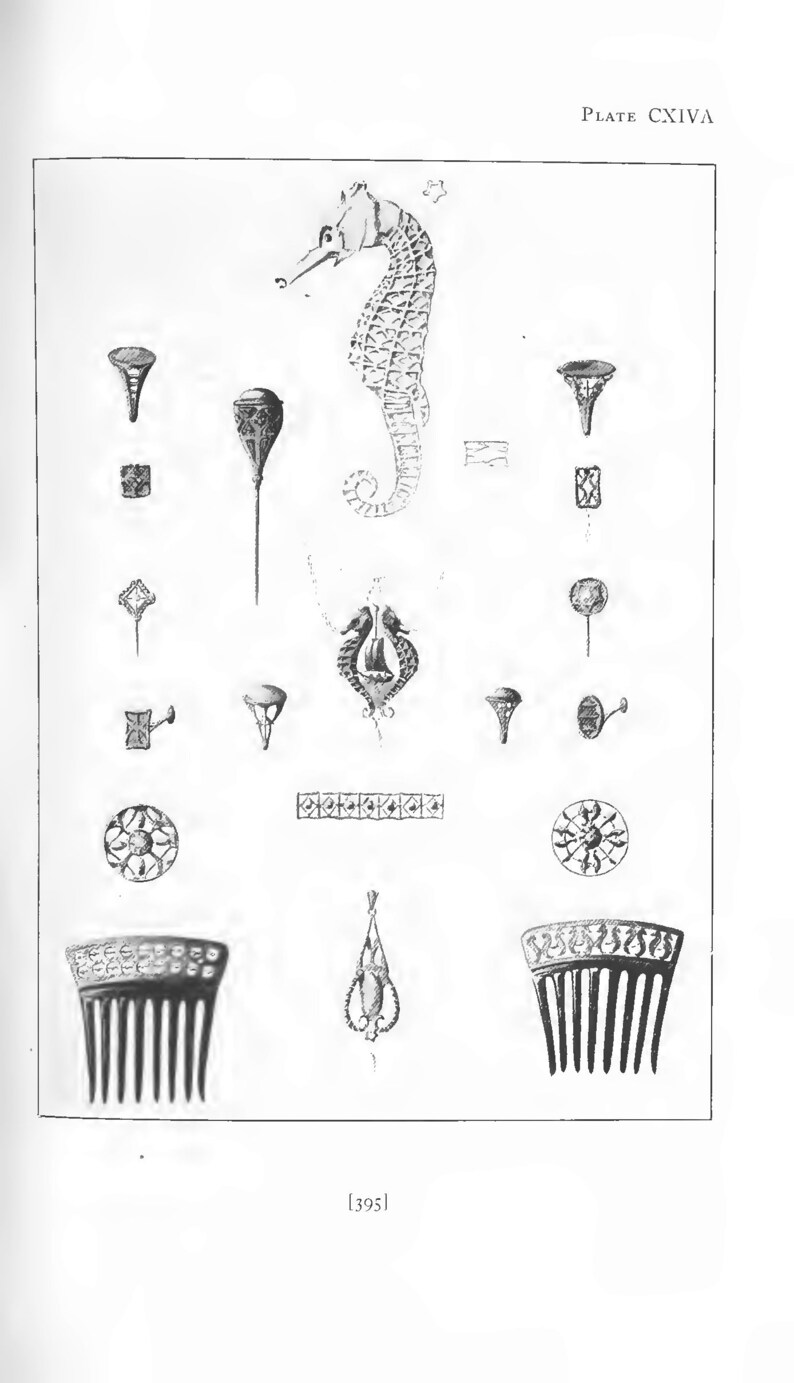 May include: A black and white illustration of various jewelry pieces, including a seahorse pendant, combs, and brooches. The image is from a book titled "Plate CXIVA".