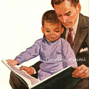 Hombre leer libro abierto a niño - ilustración - imagen Vintage - antiguo cuadro - descarga Digital instantánea - archivo de arte imprimible - JPG